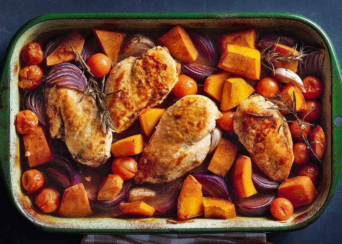 Chicken and pumpkin traybake recipe