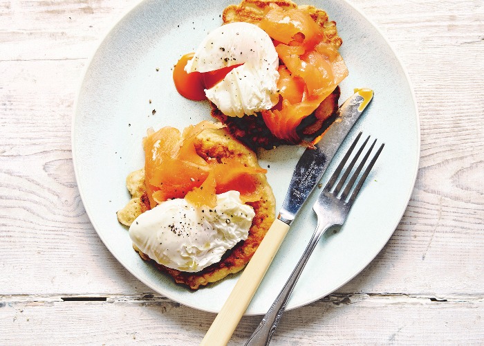Corn fritters with lox and poached eggs recipe