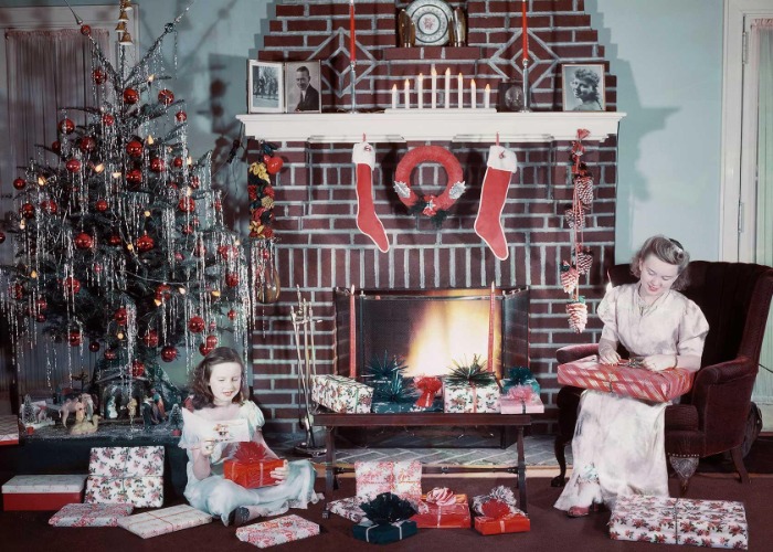 Vintage Christmas scenes in homes across America, the world