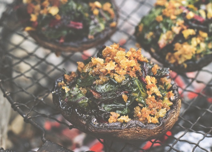 Grilled mushrooms with garlicky greens and toasted crumbs recipe