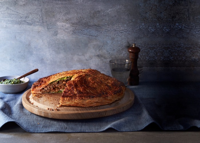 Nutty pithivier with watercress and pistachio pesto