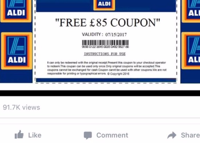 Fake Aldi 'free coupon' offer: scam voucher on WhatsApp, Twitter, Facebook and email