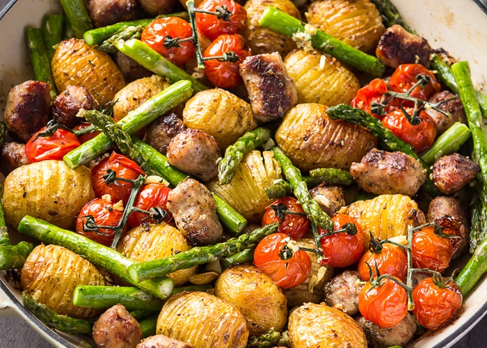 One-pan sausage roast with asparagus and new potatoes recipe