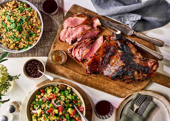 Butterflied leg of lamb with apricot couscous and chickpea salad