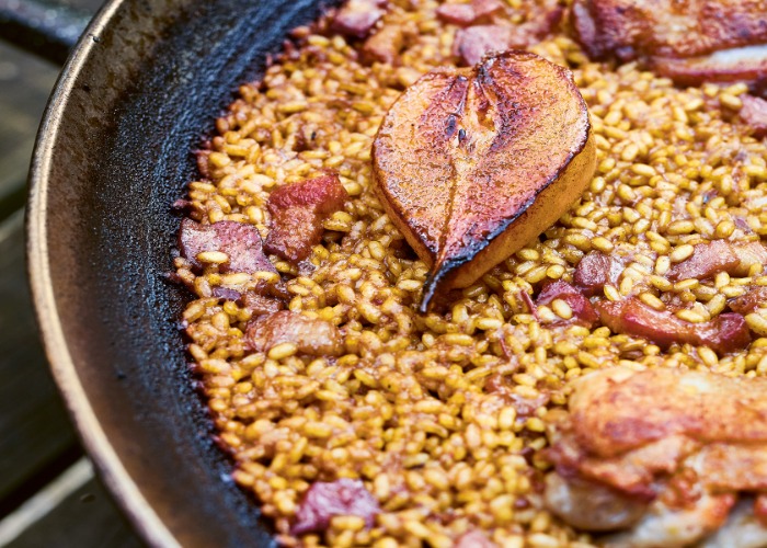 Omar Allibhoy’s chicken, pear and smoked bacon paella recipe