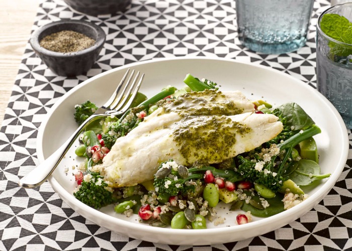 Superfood salad with sea bass and salsa verde recipe
