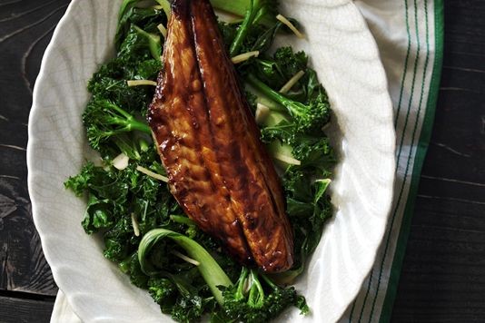 Agave and soy glazed sea bass with Asian greens recipe