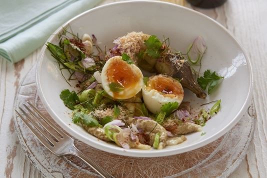 Aubergine salad with soft boiled egg recipe