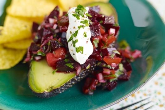 Avocado filled with beetroot and shallot salsa recipe