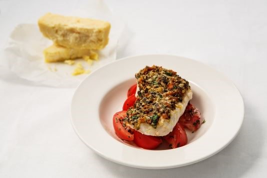 Baked hake with a Mediterranean crust