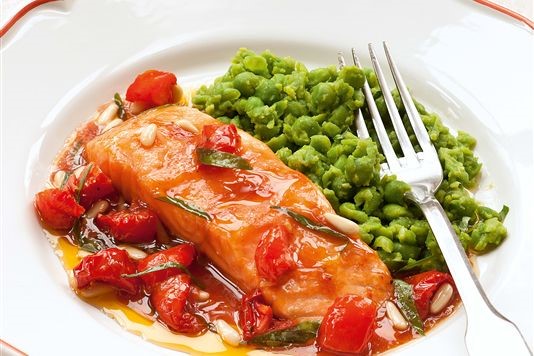 Salmon with mushy peas and sunblush ketchup recipe