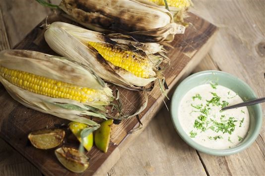 Barbecued sweetcorn with chipotle mayo dressing recipe