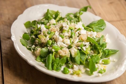 Broad bean, quinoa, watercress and feta salad recipe