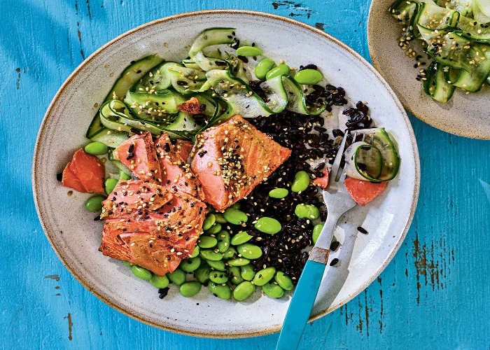 Miso-crusted salmon with black rice recipe