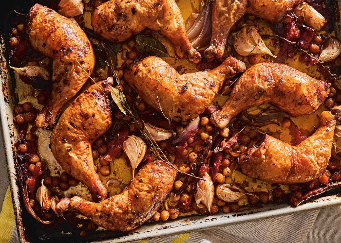 One-tray chicken with tomatoes and chickpeas recipe