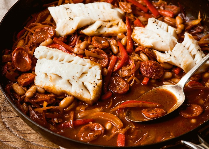 Cod with chorizo and white beans recipe