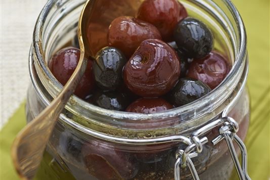 Candied olives and cherries in sweet sherry wine recipe