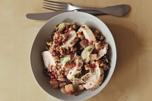 Chicken with giant couscous, fennel and pear recipe