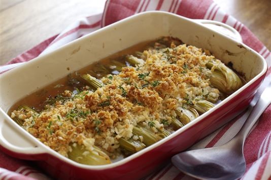 Cider glazed roasted Fenland celery with crispy parmesan topping recipe