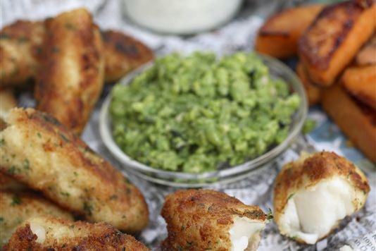 Cod fingers with mushy peas and roasted sweet potatoes recipe