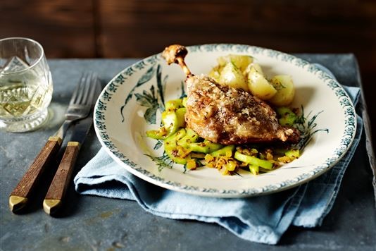 Valentine Warner's crispy roast duck leg with cooling cucumber recipe