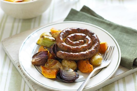 Cumberland sausages with roasted root vegetables recipe