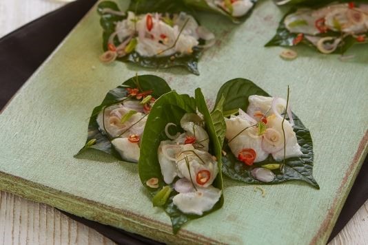 Cured fish on betel leaf with lemongrass and mint recipe