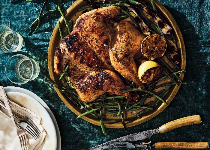 Spatchcocked chicken with green beans recipe
