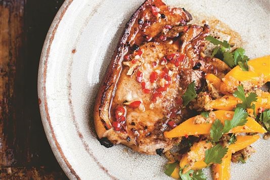 Spiced pork chops with ginger and mango relish recipe