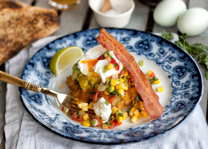 Eggy crumpets with avocado, poached egg, pancetta and Mexican salsa recipe