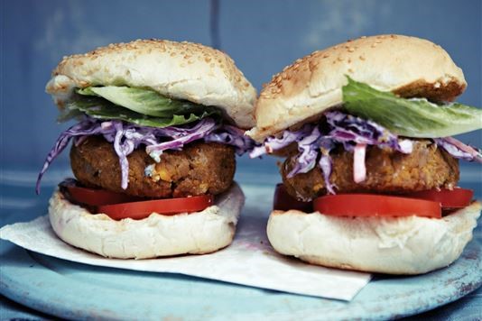 Mile-high chickpea burgers with Indian purple coleslaw recipe