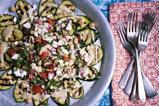 Griddled courgette carpaccio with chickpea salsa recipe
