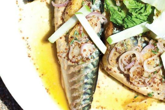 Mackerel with English salad and citrus mustard dressing recipe