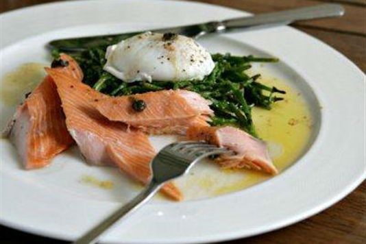 Tea smoked brown trout with samphire and poached egg recipe