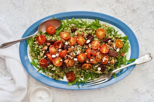 Farro with slow-roasted Italian cherry tomatoes and rocket pesto recipe