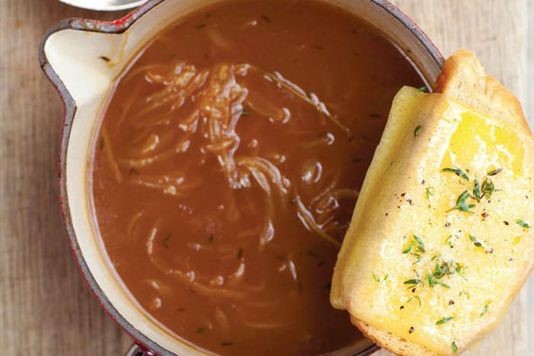 French onion soup with thyme and Beaufort cheese croutes recipe