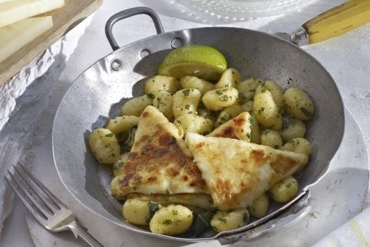 Fried Greek cheese with potato gnocchi recipe