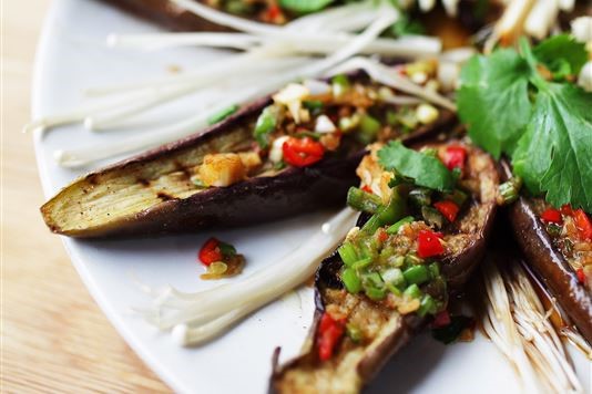 Ching-He Huang's grilled aubergine with Chinese salsa verde recipe