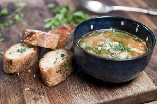 Organic chicken soup with tarragon garlic bread recipe