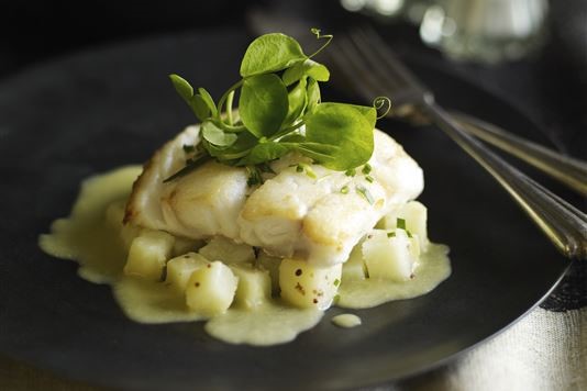 Heston Blumenthal's pan-seared cod with leek and potato sauce recipe