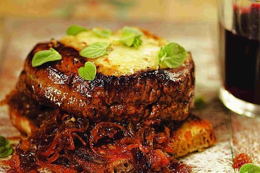 José Pizarro's Fillet steak on toast with onions and melted cheese