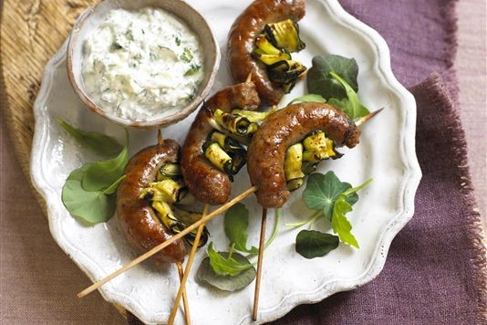 Lamb sausage kebabs with tzatziki dip recipe