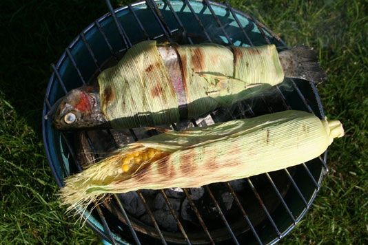Barbecued stuffed trout wrapped in maize leaves recipe