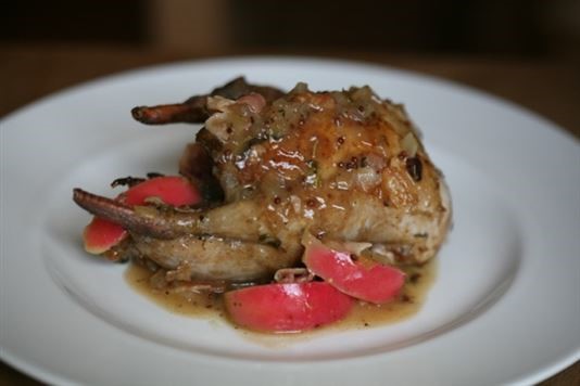Pot-roasted partridge with cider and apples recipe