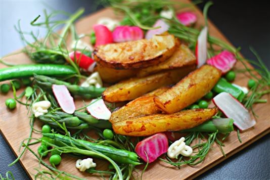 Miso-tamarind roast potato wedges with garden salad recipe