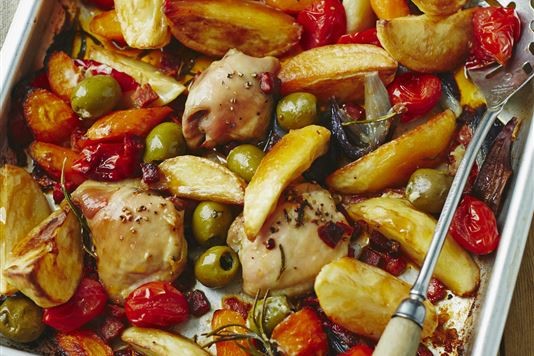 One pan Mediterranean roast chicken, potatoes and peppers recipe