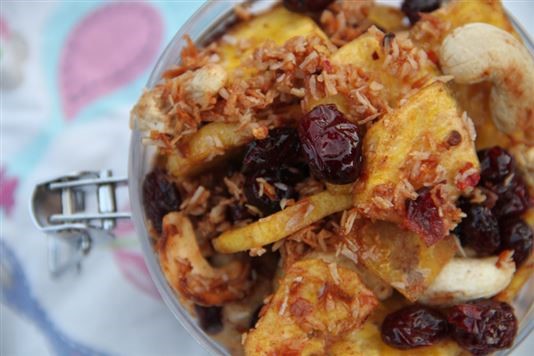 Plantain chips and dried cranberries in coconut and chilli recipe