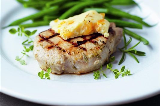 Char-grilled pork with Wensleydale and apricots recipe