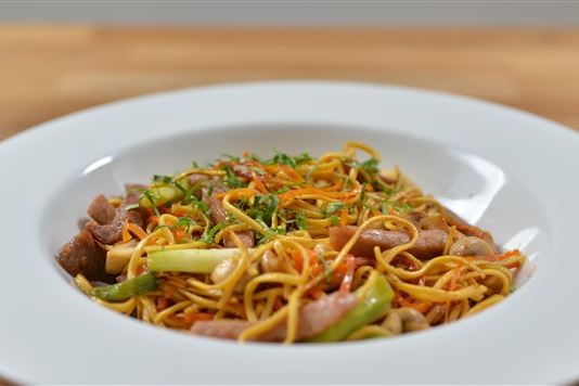 Rachel Allen’s sweet and sticky pork with vegetables and noodles recipe