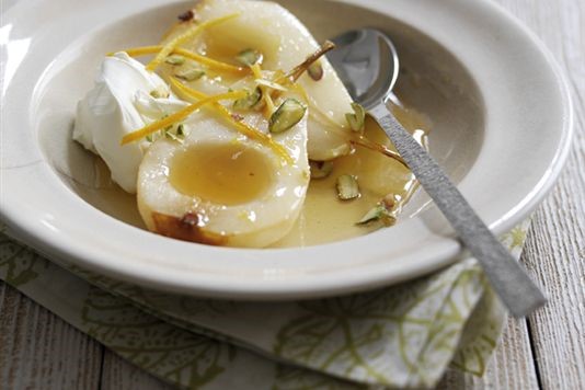 Honey-roast pears with orange blossom and yoghurt recipe